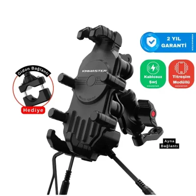 Knmaster TT-820WC Kablosuz Şarjlı Tüm Motosikletlere Uyumlu Titreşim Modüllü Telefon Tutucu