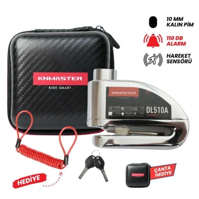 Knmaster DL510A 10 mm Alarmlı Disk Kilidi | Hatırlatma Kablosu ve Taşıma Çantası Hediye | Silver